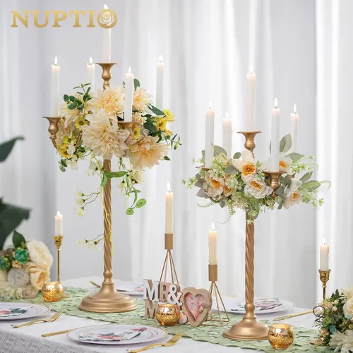 Vista 3 de Nuptio Candelabro alto dorado de 21 pulgadas, portavelas de 5 brazos, 2 portavelas cónico de metal, soporte de velas, centro de mesa para boda