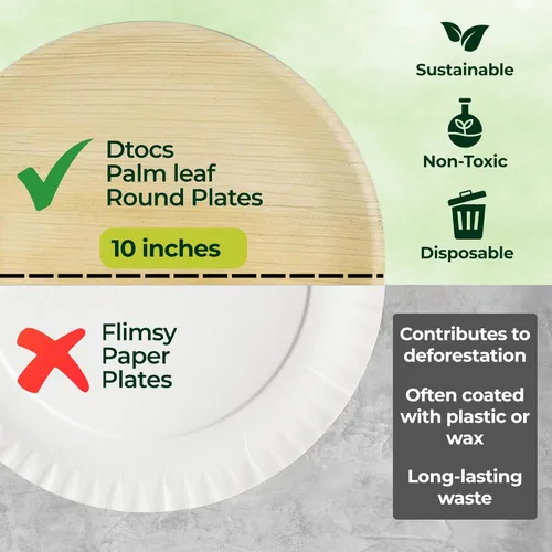 Vista 4 de Dtocs Platos de hoja de palma redondos de 10 pulgadas (50) Platos de bambú desechables como compostables para fiestas, cenas, platos de servir