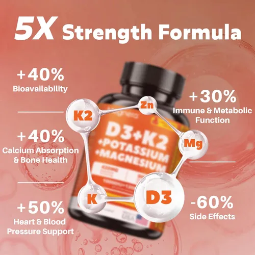 Vista 2 de Vitamina D3 K2 (MK-7) 10,000 UI con glicinato de magnesio y suplemento de potasio – Complejo sistémico para apoyo óseo, muscular, corazón, inmune