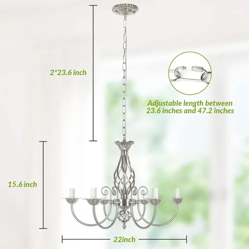 Vista 7 de Lámpara de techo colgante de 6 luces para sala de estar, lámpara de techo colgante industrial rústica, níquel cepillado, moderna lámpara colgante
