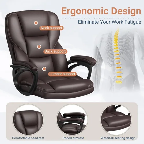 Vista 7 de Shahoo Silla de oficina ejecutiva, sillón ergonómico de piel sintética con respaldo alto para escritorio en casa con ruedas, color marrón