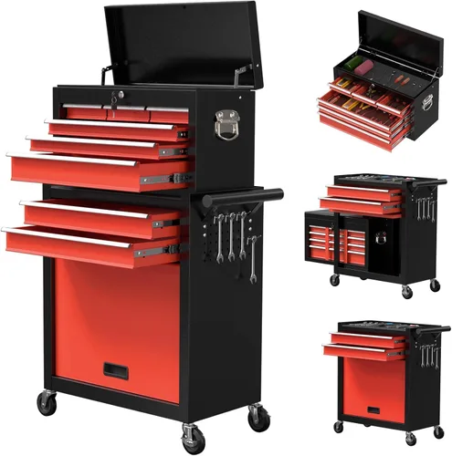 Vista 8 de Caja de herramientas de 5 cajones con ruedas, armario de almacenamiento de herramientas rodante con caja de herramientas superior desmontable
