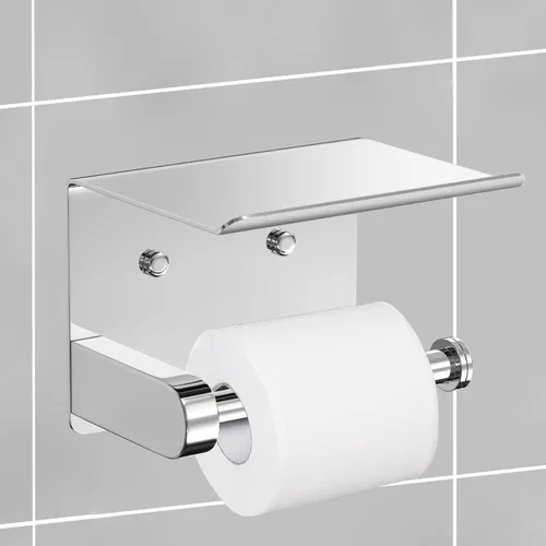 Vista 2 de VAEHOLD Soporte de papel higiénico autoadhesivo con estante para teléfono, soporte de rollo de papel higiénico montado en la pared de acero