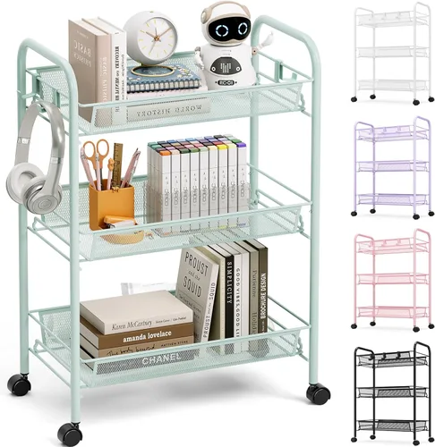 Vista 14 de TOOLF Carrito de metal de 3 niveles, alambre de malla fácil de montar, carrito de almacenamiento con ruedas con 3 ganchos, estantería
