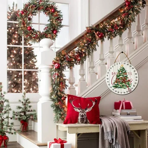 Vista 4 de Calendario de Adviento de Navidad, calendario de cuenta regresiva, decoración redonda de madera, letrero de árbol de Navidad, decoración de casa