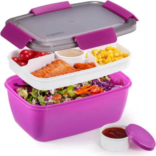 Vista 8 de Caperci Recipiente grande para ensalada para el almuerzo, lonchera Bento para adultos de 68 onzas, bandeja de 5 compartimentos, 2 tazas de salsa