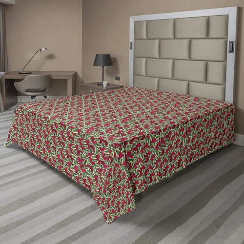 Vista 34 de Ambesonne Sábana encimera floral, patrón rítmico de ramas de bayas de Navidad, suave y cómoda, ropa de cama decorativa de 1 pieza, tamaño Verde