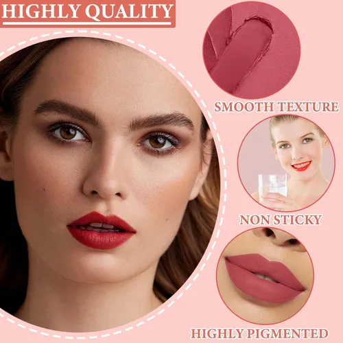 Vista 4 de Juego de 3 lápices labiales mate nude, terciopelo natural, suave, mate, brillo labial, larga duración, impermeable, lápiz labial de maquillaje