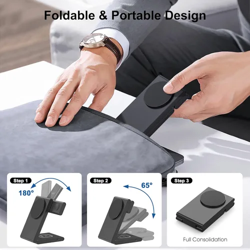 Vista 3 de Estación de carga inalámbrica 3 en 1, soporte de carga Magsafe plegable magnético rápido estándar de 20 W para iPhone 17, 16, 15, 14, 13, cargador
