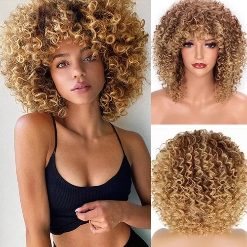 Vista 12 de Pelucas Afro Cortas Rizadas Grises para Mujeres Negras, Peluca Rizada Gris Degradado con Flequillo Cabello Sintético Resistente al Calor para Uso
