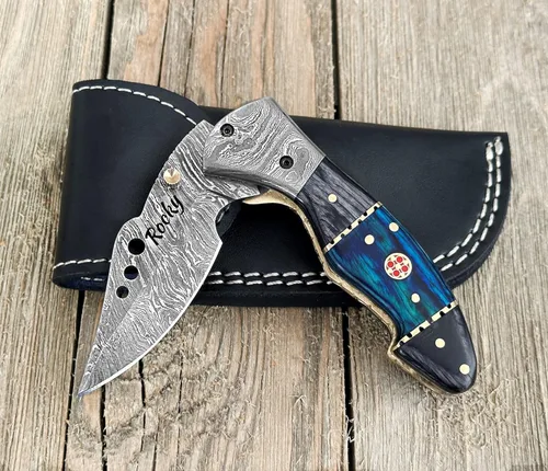 Vista 3 de Cuchillo de Bolsillo de Acero de Damasco para Hombres con Funda de Cuero, Cuchillos de Caza Plegables Hechos a Mano de 7 Pulgadas, Mango - Cuchillo