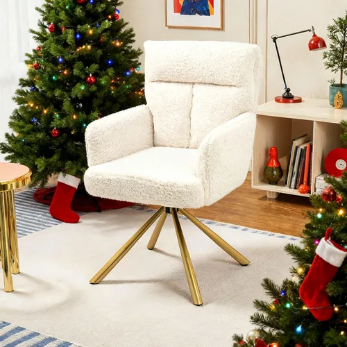 Vista 3 de Ugijei Teddy - Silla de escritorio de oficina sin ruedas, moderna silla de tocador con patas doradas, silla de acento Boucle, asiento ancho, sillón