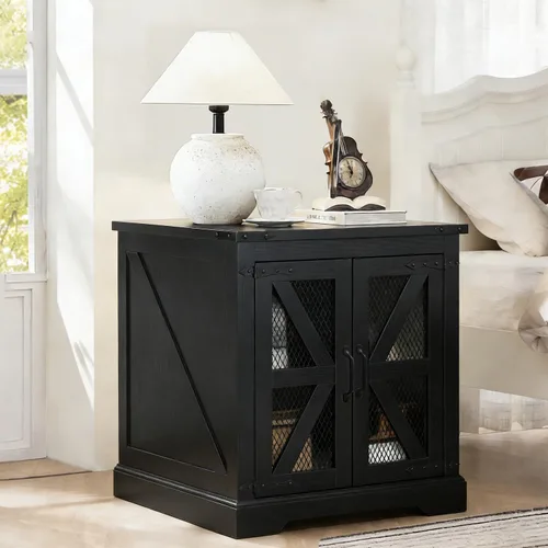 Vista 28 de Juego de mesa auxiliar de granja con estación de carga, mesas de sala de estar con almacenamiento oculto, mesas de noche cuadradas de madera, mesita