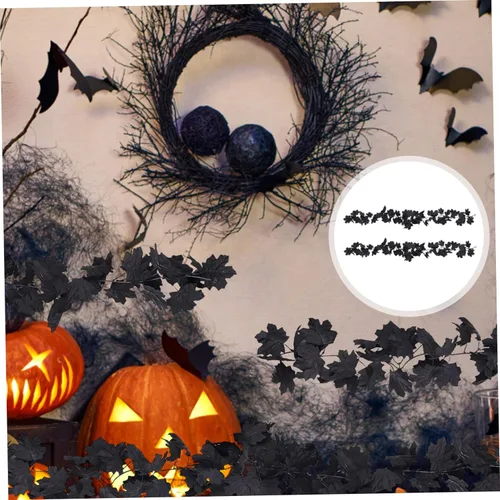 Vista 6 de Guirnalda de hojas negras artificiales de Halloween, guirnalda otoñal, 2 unidades, guirnalda de hojas de arce de otoño de Halloween, 5.7 pies, vid