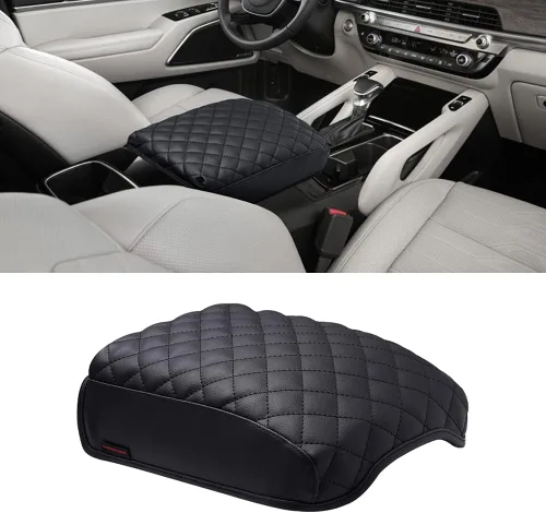 KMMOTORS Telluride - Funda para consola, cojín para reposabrazos, piel vegana, protector de tapa de consola, antiarañazos (negro)