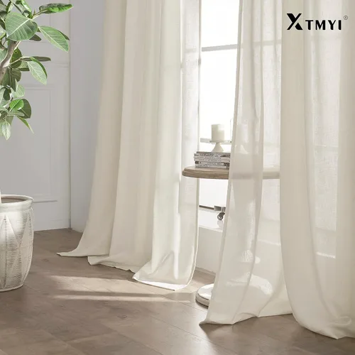 Vista 8 de XTMYI - Cortinas transparentes de 54 pulgadas de largo, juego de 2 paneles para baño, cortinas cortas de lino y algodón con semi privacidad