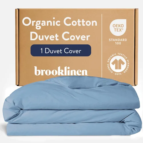 Brooklinen Funda de edredón orgánica, 100% algodón certificado GOTS, tamaño matrimonial/queen en azul marino con lazos en las esquinas extralargos y