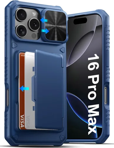 Vista 18 de ATATOO Funda para iPhone 16, tarjetero integrado (almacena 3-5 tarjetas) y protector de cámara deslizante, protección de grado militar, bonita funda
