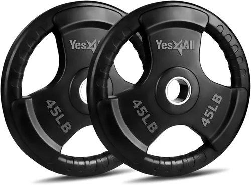 Vista 13 de Yes4All Rubber Coated Weight Plate, 2.5-45 Lb Cast Iron Weight for 2-Inch Barbell, 3-Handle Design for Easy Grip, Strength Training, Weightlifting &