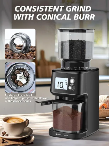 Vista 2 de Homtone Conical Burr Espresso Coffee Grinder, 51 Precise Settings, Electric Mill with Portafilter Holder, 2-12 Cups Adjustable, Anti-static