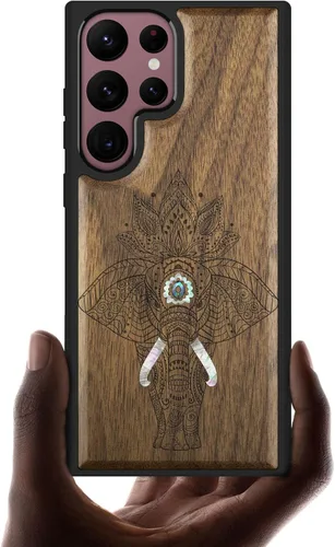 Vista 8 de Carveit Funda de madera de diseñador para Samsung Galaxy S22 Ultra (grabado en madera e incrustaciones de carcasa), funda de madera única compatible