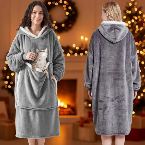 Vista 6 de Manta de estilo largo con capucha de gran tamaño con bolsa grande para mascotas, sudadera con capucha suave de forro polar Sherpa para adultos, se
