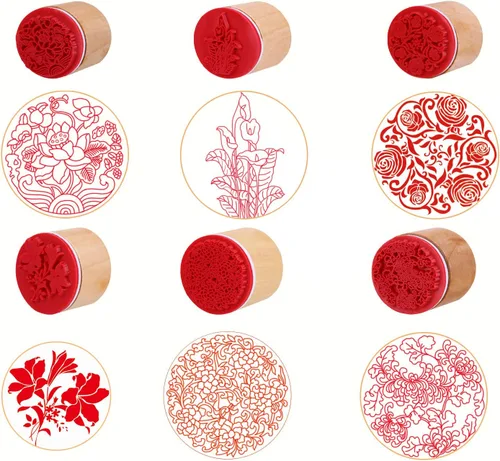 Vista 7 de DECORA Juego de 6 sellos redondos de goma y madera con patrón floral para manualidades