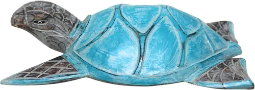 WorldBazzar Hermosa tortuga costera enorme tallada a mano en madera maciza océano playa pescado coral estatua verde azulado