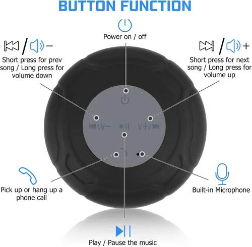Vista 5 de Altavoz de ducha Bluetooth impermeable, portátil, inalámbrico, resistente al agua, ventosa, micrófono integrado para teléfono, tableta, baño