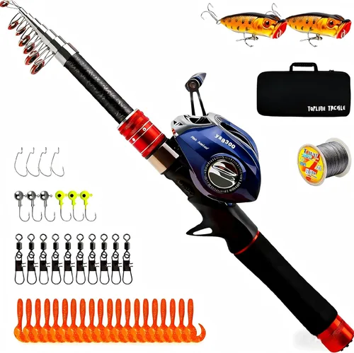 Telescopic Fishing Rod and Reel Combos, Carbon Fiber Fishing Rod with Stainless Steel Baitcasting Reel Portable Fishing Pole Reel Combo for Travel