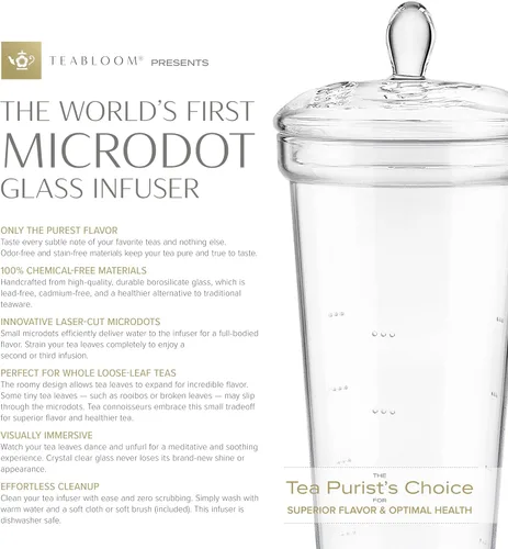 Vista 4 de Teabloom Grand Bouquet - Tetera de vidrio con infusor de vidrio Microdot, elegante tetera de borosilicato de 50 onzas para tés de hojas enteras