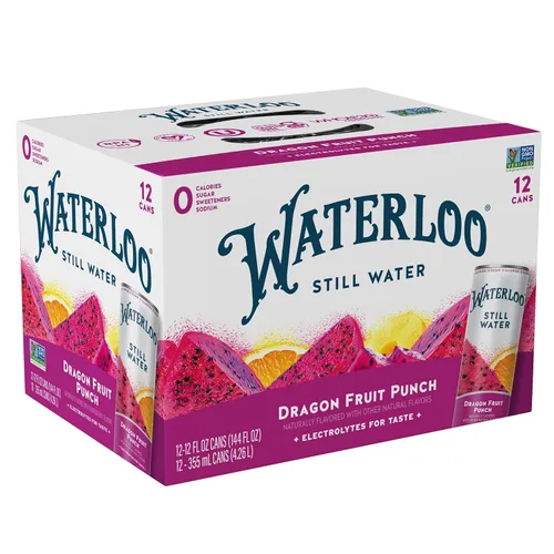 Waterloo Still Water, agua purificada con sabor natural a Dragon Fruit Punch | Latas de 12 onzas líquidas (paquete de 12) – Cero calorías y cero