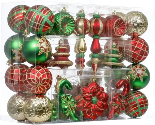 Valery Madelyn Juego de adornos de Navidad, 108 unidades, color rojo, verde y dorado, inastillables, decoración de árbol de Navidad, adornos a