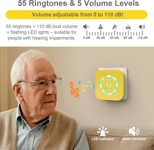 Vista 5 de SURFOU Timbre inalámbrico con 1 botón, 1 receptor, timbre de puerta, alcance ultra largo de 1300 pies/1,312.3 ft, 55 campanas de 5 volumen, IP55