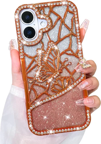 Vista 18 de Bonoma Funda con purpurina para iPhone 13 Pro Max, bonita funda 3D con patrón de chapado en degradado de mariposa de diamante, protección de cámara