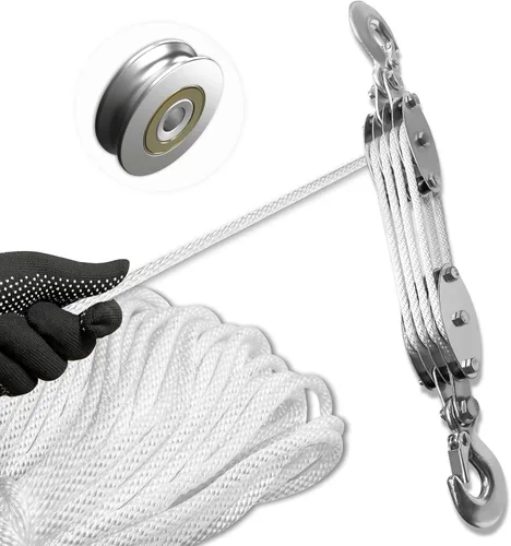 Vista 10 de Sistema de Poleas de Bloque y Aparejo, polipasto de polea de cuerda de 3 ruedas mejorado, potencia de elevación 5:1, carga de trabajo de 1100 libras