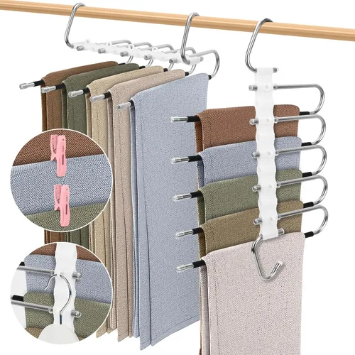 Vista 9 de SAN LIKE - Paquete de 2 perchas para pantalones de 5 capas que ahorran espacio, de acero inoxidable, 20 clips fijos, antideslizantes