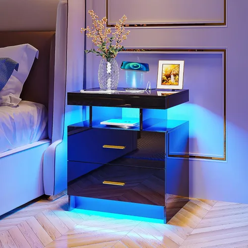 Vista 10 de HNEBC Mesita de noche LED con estación de carga (puertos USB, puertos tipo C), mesa de noche de alto brillo con 2 cajones, mesita de noche