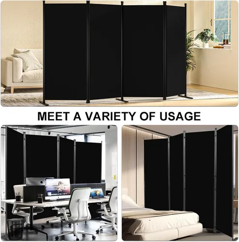 Vista 3 de Divisor de habitación, pantalla de privacidad de 4 paneles con 3 pies de soporte, marco de acero portátil con gancho y bucle para el hogar, oficina