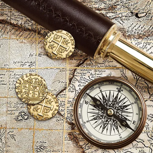 Vista 3 de Monedas piratas de metal grandes – Juego de monedas del tesoro de 36 bronce, plata, oro y oro rosa, réplica de metal doblones españoles