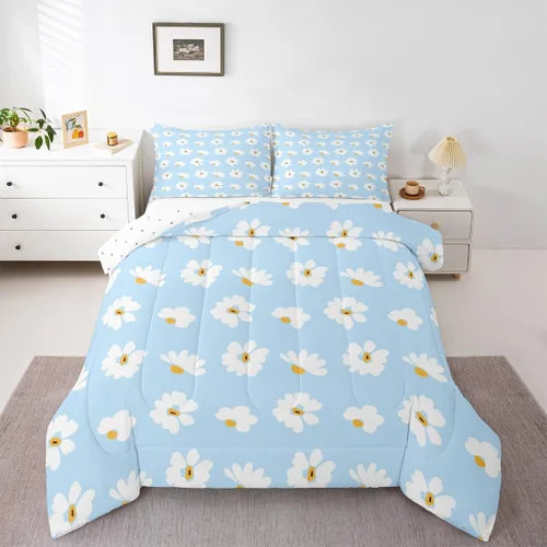 Vista 5 de Castle Fairy Daisy Florals Comforter Set Twin Size,Cartoon Wildflowers Breathable Bedding Set,Kids Adults Room Decor,Retro Country Style Microfiber