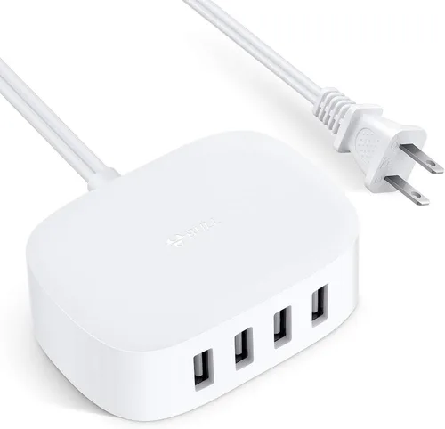 Estación de carga USB de 4 puertos – BULL Bloque de cargador USB múltiple, cable de carga de pared blanco de 6 pies para múltiples dispositivos