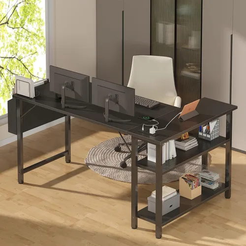 Vista 4 de Lufeiya - Escritorio en forma de L con tomas de corriente, estantes de 47 pulgadas, escritorio de esquina para oficina en casa o dormitorio