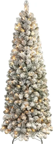 SHareconn Árbol de Navidad artificial de 6 pies con bisagras, delgado tipo lápiz, con nieve y luces blancas cálidas, perfecto para decoración
