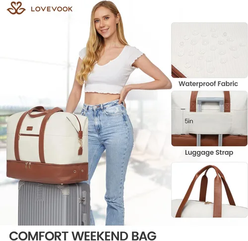 Vista 7 de LOVEVOOK Bolsa de fin de semana, bolsa de viaje grande para mujer con 2 cubos de embalaje, bolsa de mano con compartimento para zapatos, bolsas