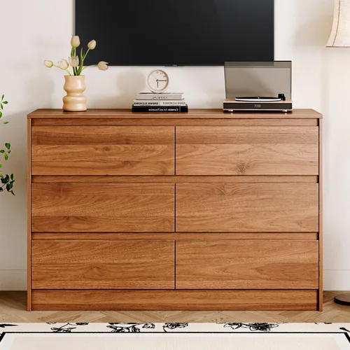 Vista 8 de Cómoda de 6 cajones, cómoda de mediados de siglo de 47 pulgadas de ancho, cómoda de madera con 6 cajones de almacenamiento para dormitorio, sala