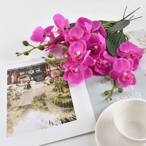 Vista 7 de 4 piezas de flores artificiales de seda Phalaenopsis, 20 cabezas de orquídea mariposa falsas moradas para boda, ramo floral, decoración de centros