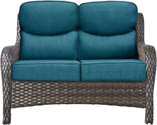Vista 29 de Sofá Pop Patio de 2 plazas para exteriores con cojines gruesos de botones, respaldo alto, muebles de ratán de mimbre marrón resistentes y cómodos