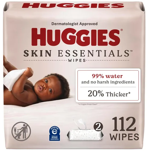 Huggies Skin Essentials Toallitas para bebé, hipoalergénicas, 99% de agua, 2 paquetes con tapa abatible (112 toallitas en total)