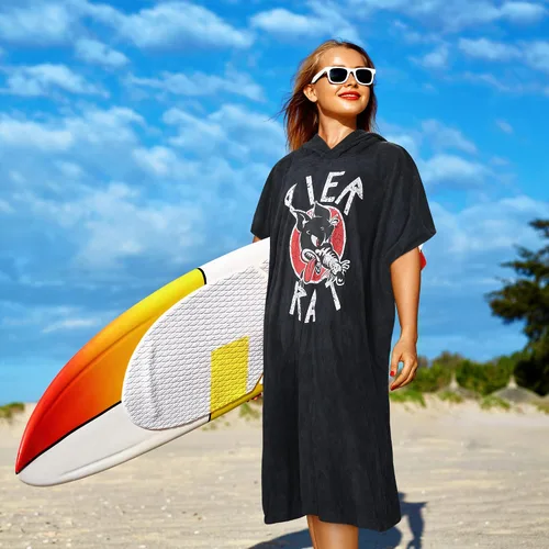 Vista 2 de Tirrinia Toalla cambiadora de poncho de surf con capucha, traje de neopreno de microfibra de secado rápido para surf, playa, natación, piscina Negro